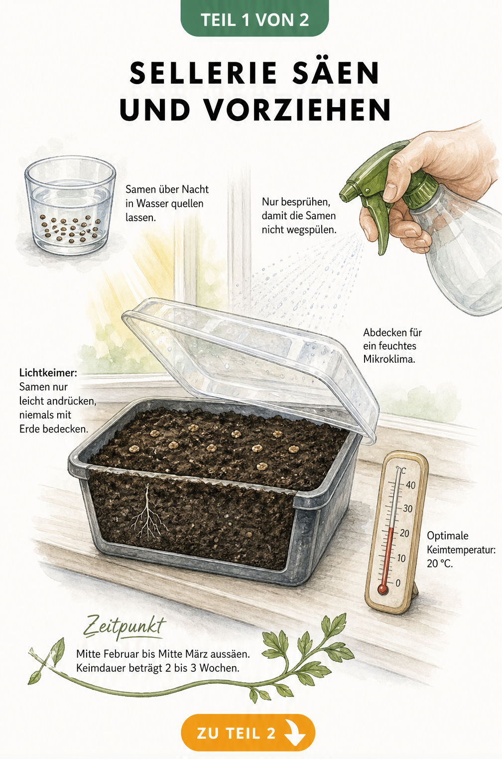 Illustration einer Anzuchtschale auf der Fensterbank mit Selleriesamen, Sprühflasche und Thermometer bei 20 Grad