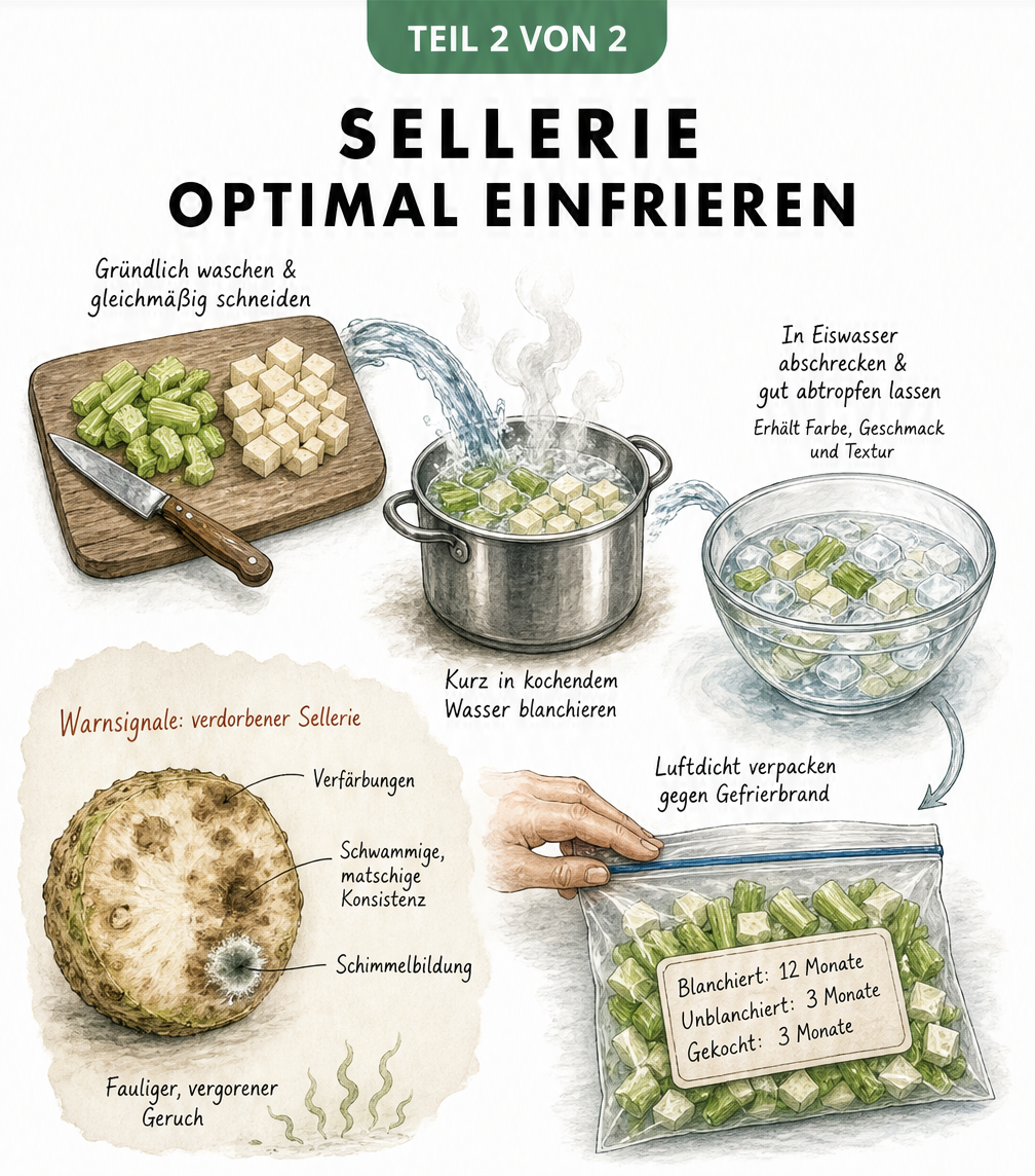 Illustration zum Einfrieren von Sellerie mit den Schritten Waschen, Schneiden, Blanchieren und luftdicht Verpacken