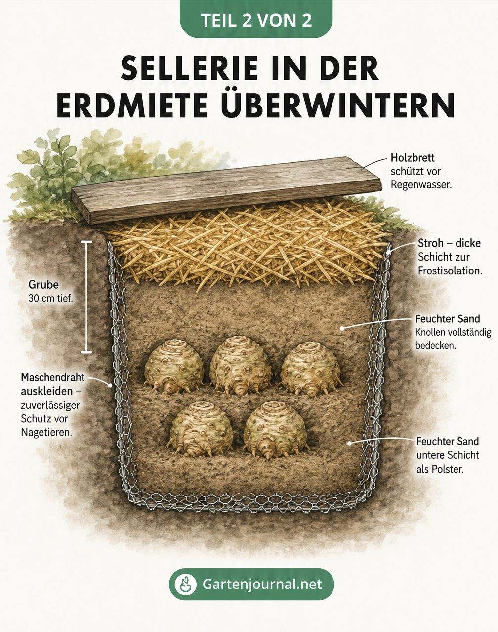 Schnittzeichnung einer Erdmiete im Gartenboden zur Überwinterung von Sellerieknollen in Sand und Stroh