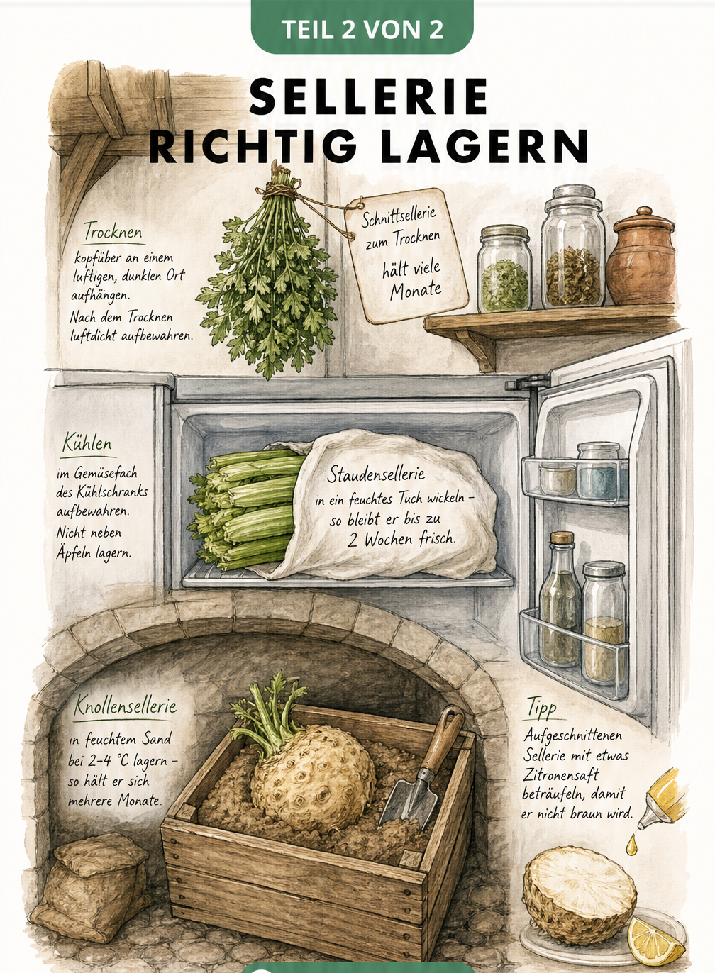 Illustration zur richtigen Lagerung von Knollensellerie im Keller, Staudensellerie im Kühlschrank und Schnittsellerie getrocknet