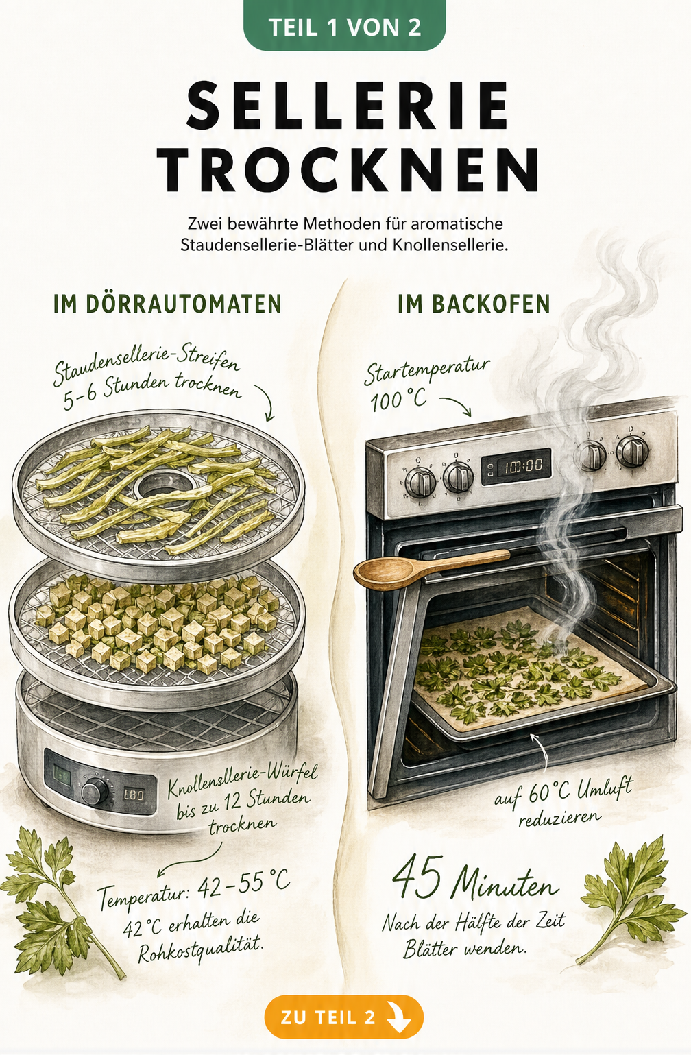 Illustration von Sellerie im Dörrautomaten und Backofen mit Temperatur- und Zeitangaben