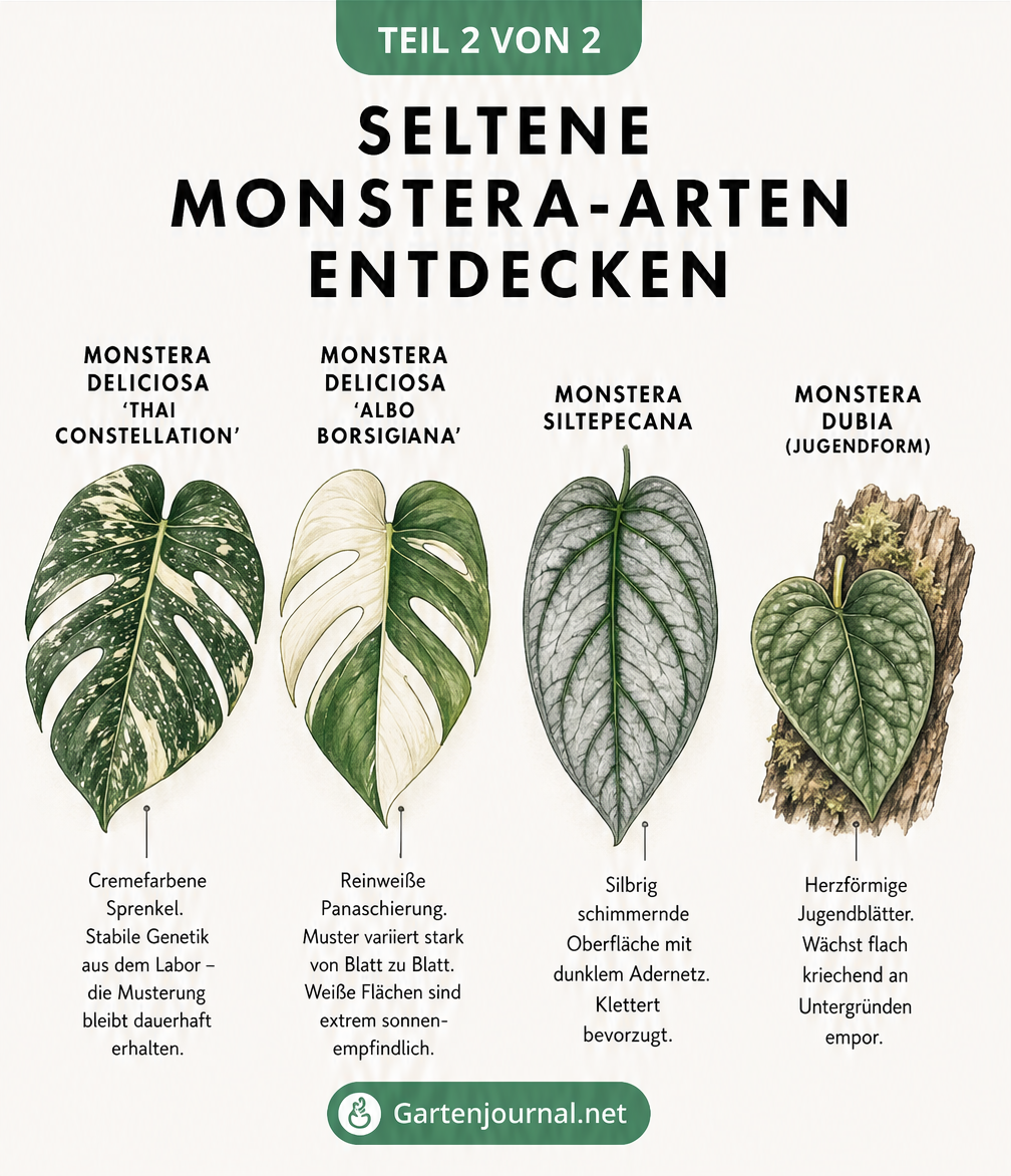Aquarell-Illustration seltener Monstera-Arten wie Thai Constellation, Albo Borsigiana, siltepecana und dubia mit Fokus auf Blattmusterungen