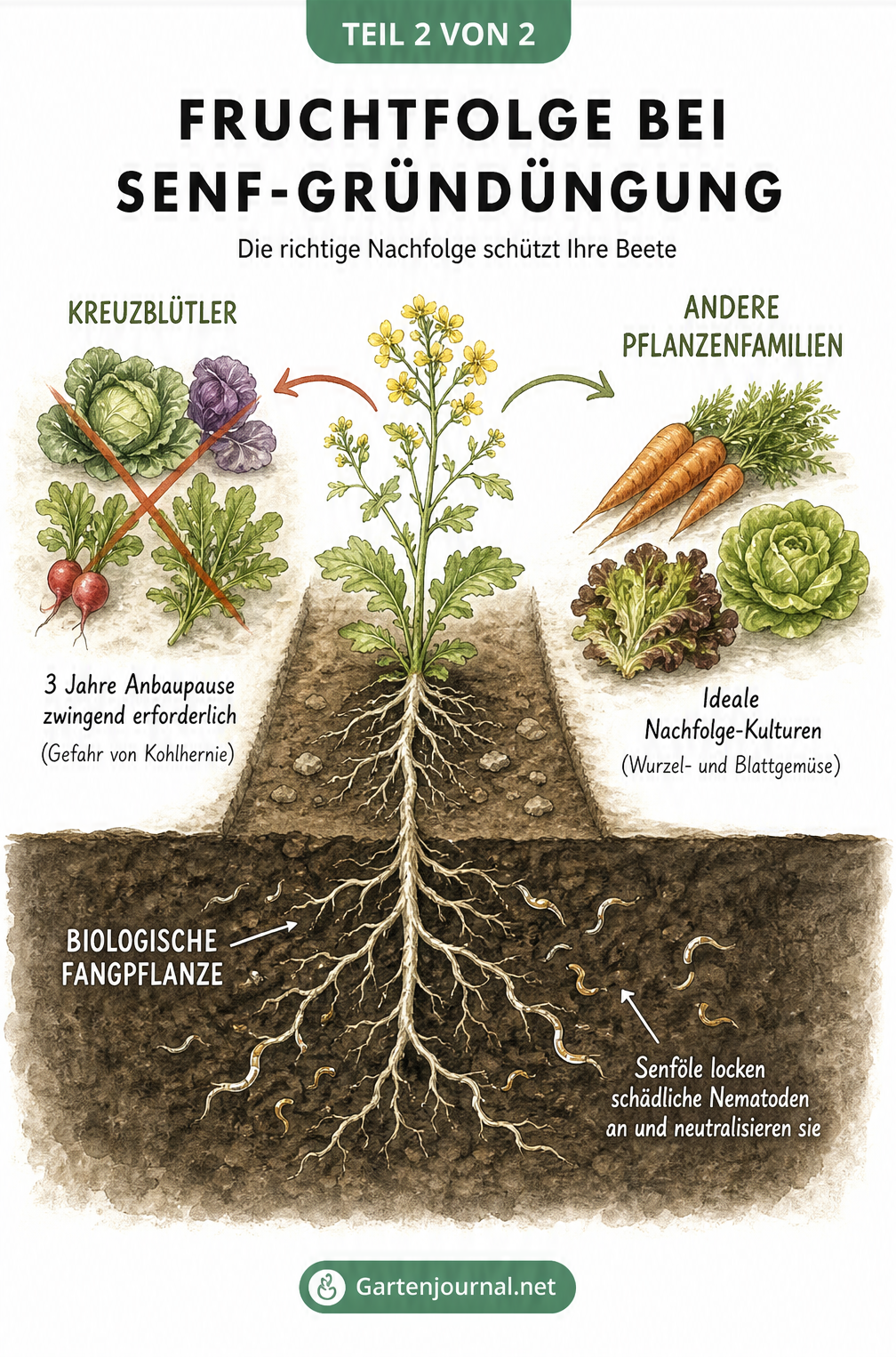 Fruchtfolge bei Senf-Gründüngung: Anbaupause für Kreuzblütler wie Kohl und Radieschen, ideale Nachfolge für Karotten und Salat, sowie Nematoden-Bekämpfung