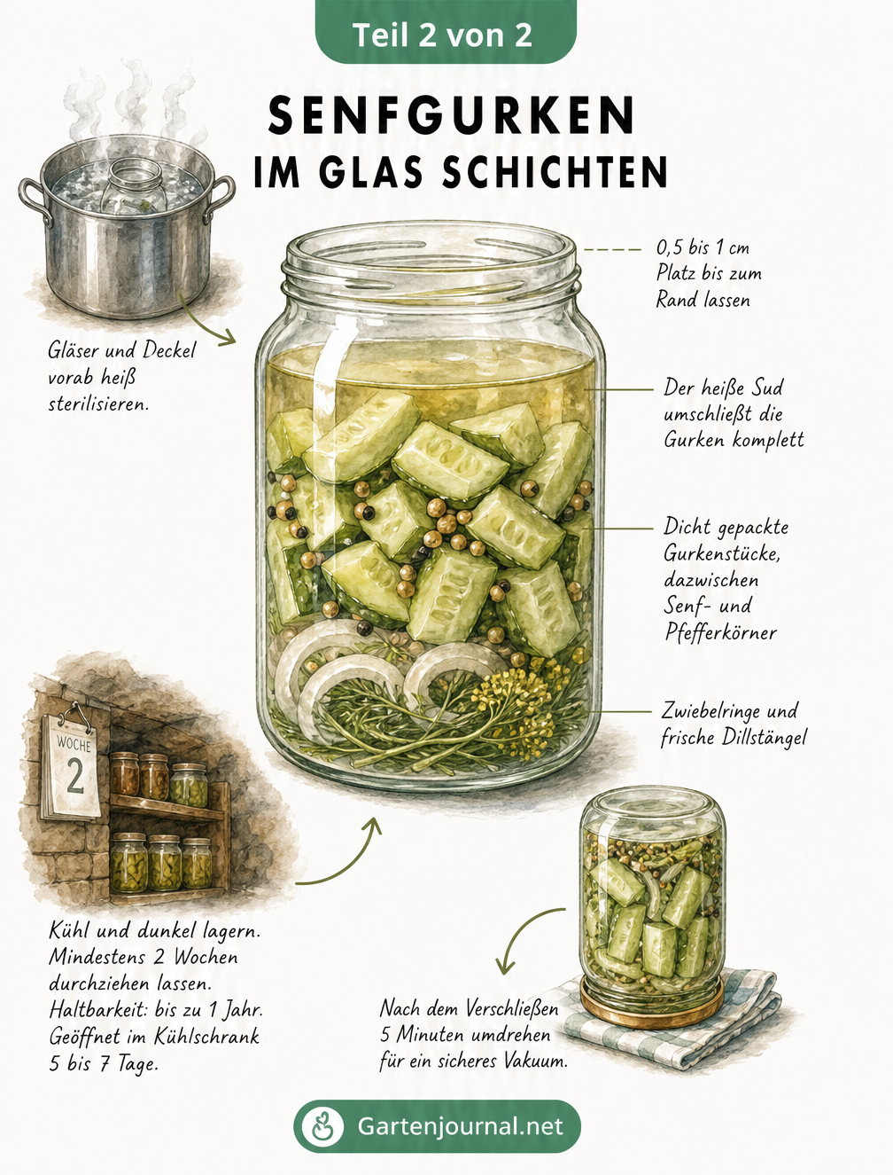 Querschnitt eines Einmachglases mit geschichteten Senfgurken, Zwiebeln, Dill und Sud sowie Tipps zum Sterilisieren und Lagern.