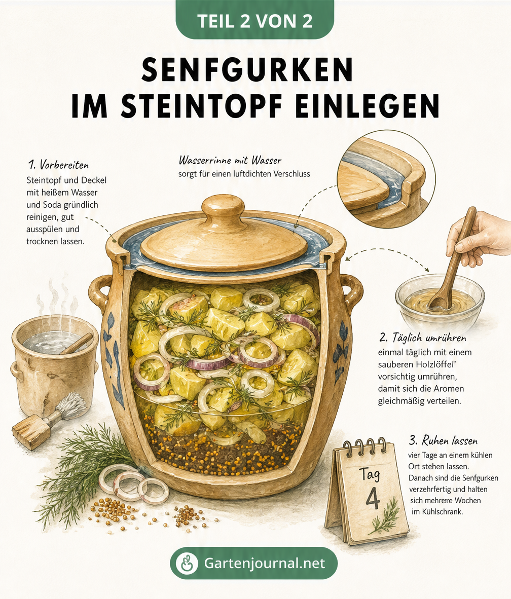 Schnittzeichnung eines Steintopfs mit geschichteten Gurken, Zwiebeln und Dill im Gewürzsud, inklusive Details zur Wasserrinne und Zubereitungsschritten