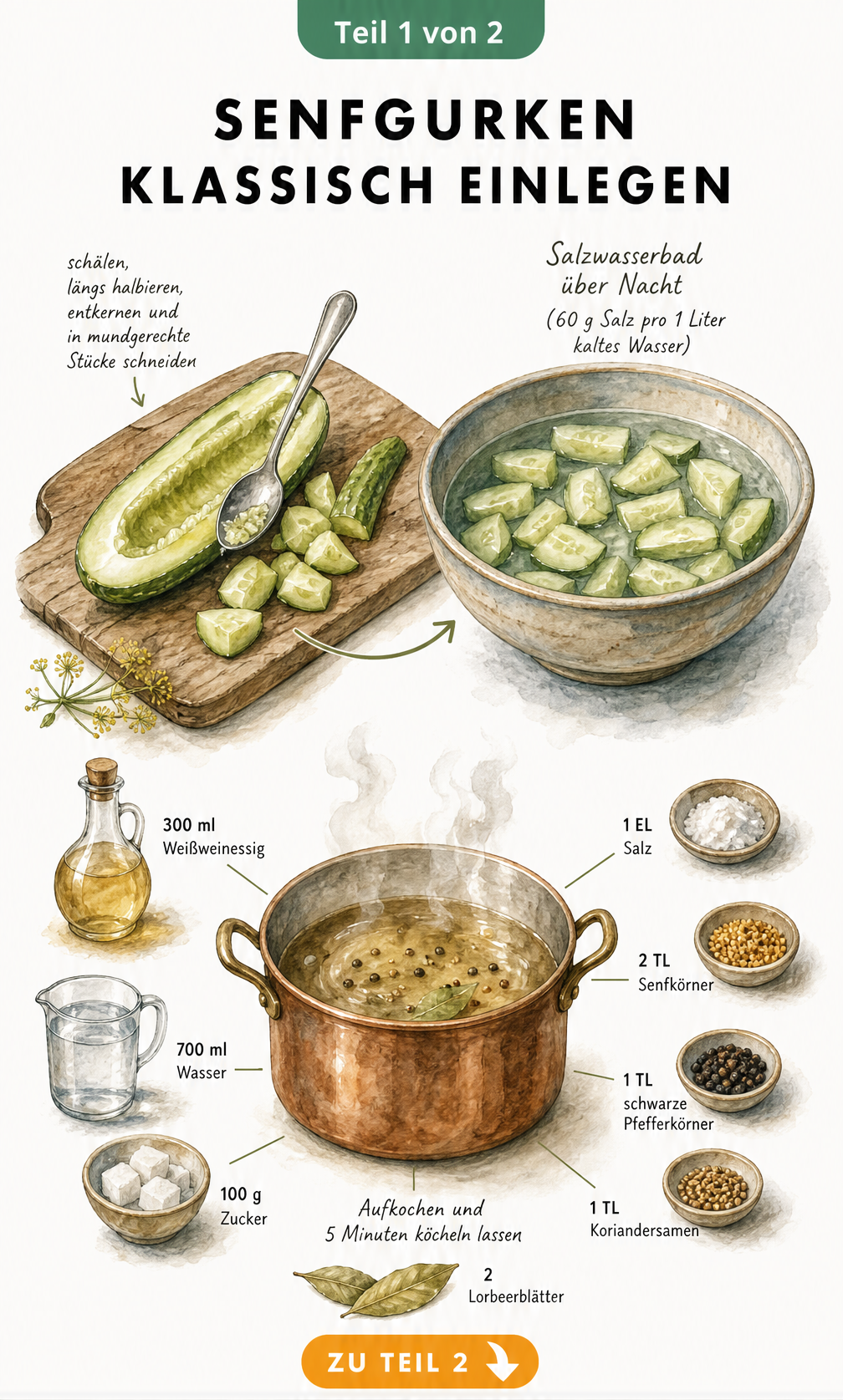 Illustration zur Vorbereitung von Senfgurken: Schälen, Entkernen und Schneiden auf einem Holzbrett sowie Zutaten für den Sud in einem Kupfertopf.