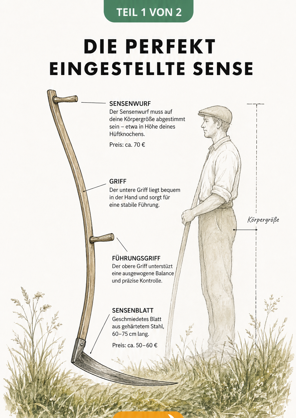 Handgezeichnete Illustration einer Sense mit ergonomischer Anpassung an die Körpergröße und geschmiedetem Sensenblatt