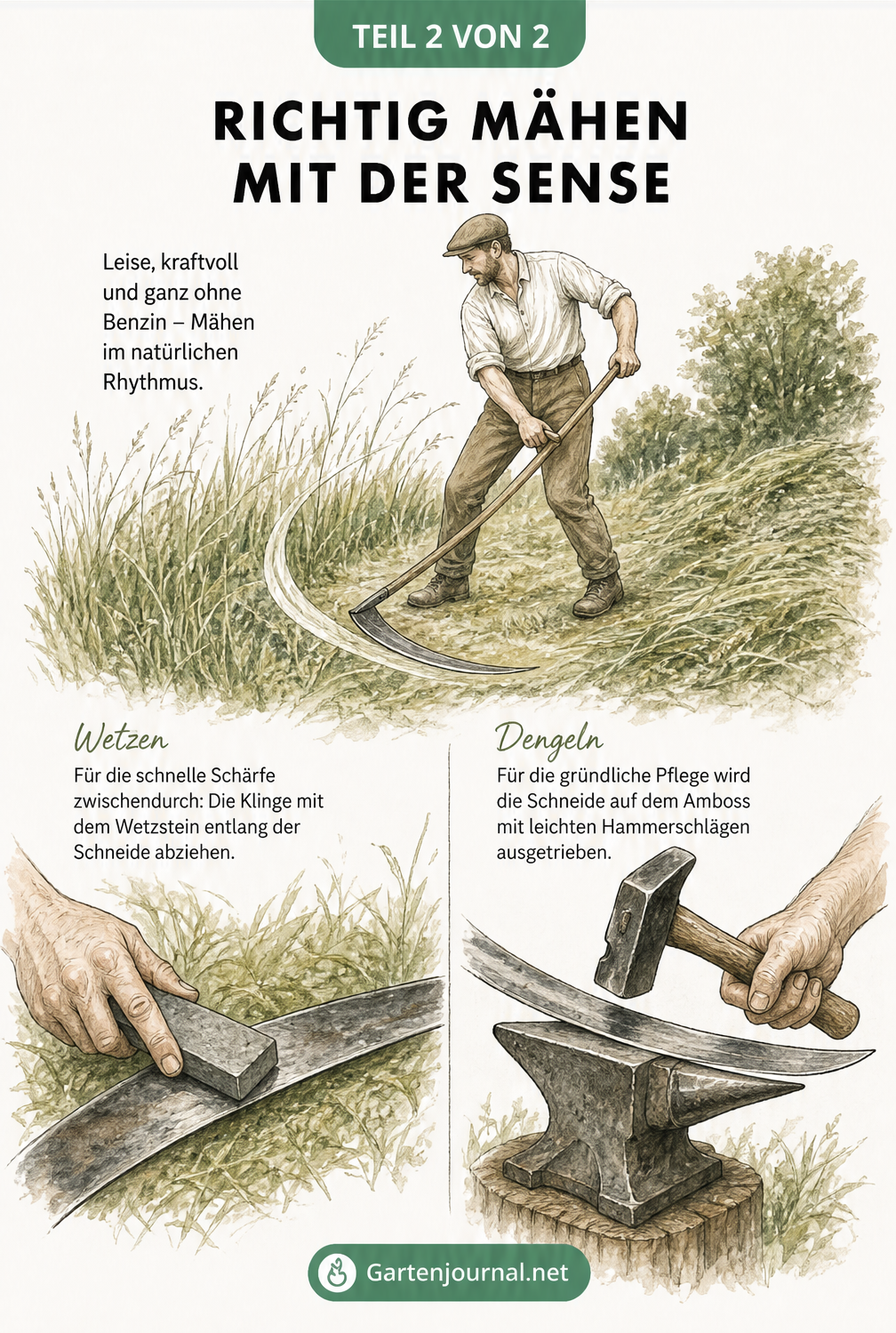 Illustration der halbkreisförmigen Schwungbewegung beim Sensenmähen sowie Detailzeichnungen zum Wetzen und Dengeln