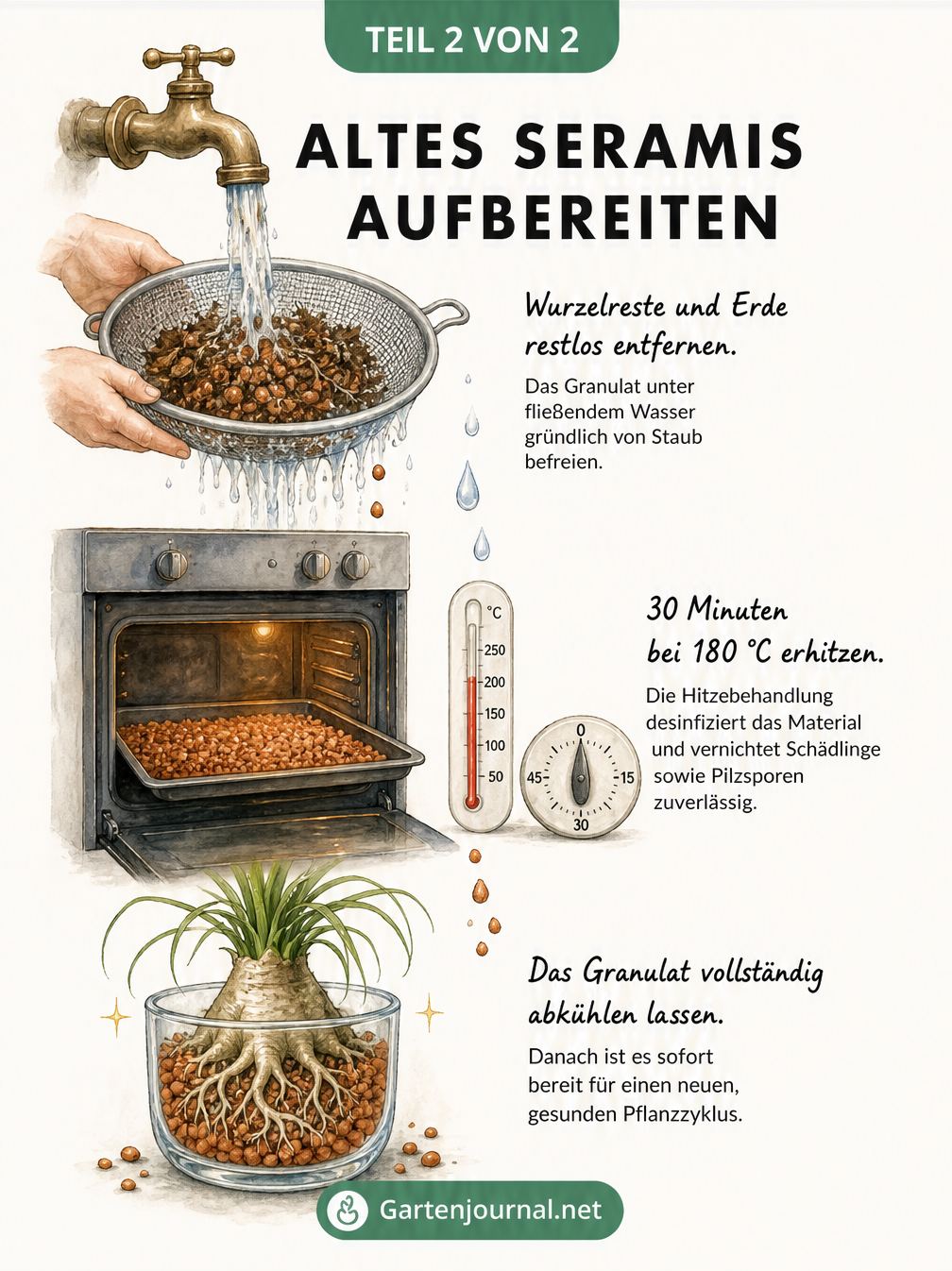 Illustration der drei Schritte zur Aufbereitung von altem Seramis: Waschen, Erhitzen im Backofen und Neuverwendung