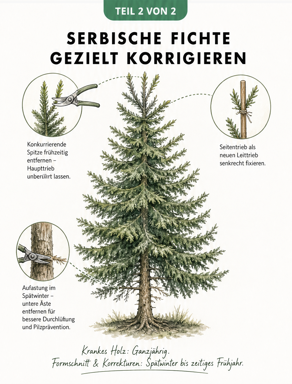 Illustration einer Serbischen Fichte, die gezielte Korrekturen wie das Entfernen einer Doppelspitze, das Hochbinden eines Seitentriebs und die Aufastung zeigt.