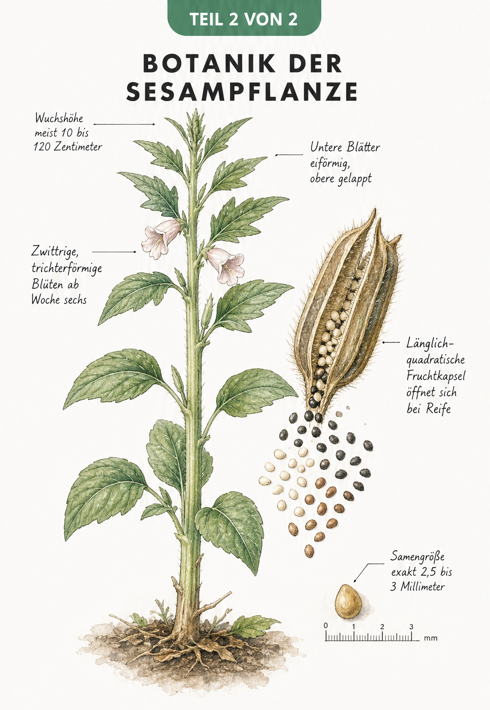 Botanische Zeichnung einer Sesampflanze mit Blüten, Blättern und einer geöffneten Fruchtkapsel mit Samen