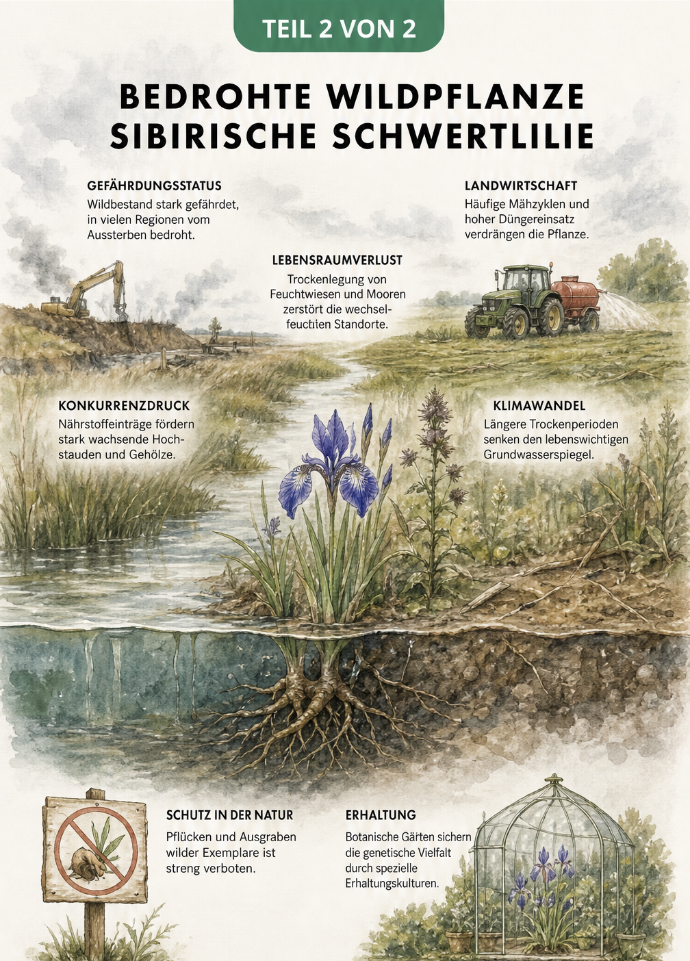 Illustration einer Feuchtwiese, die die Bedrohungen für die Sibirische Schwertlilie zeigt