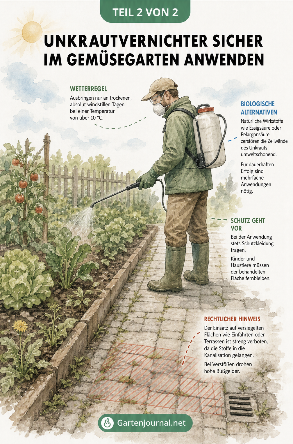 Isometrische Gartenlandschaft mit Gärtner beim Ausbringen von Unkrautvernichter und Sicherheitshinweisen