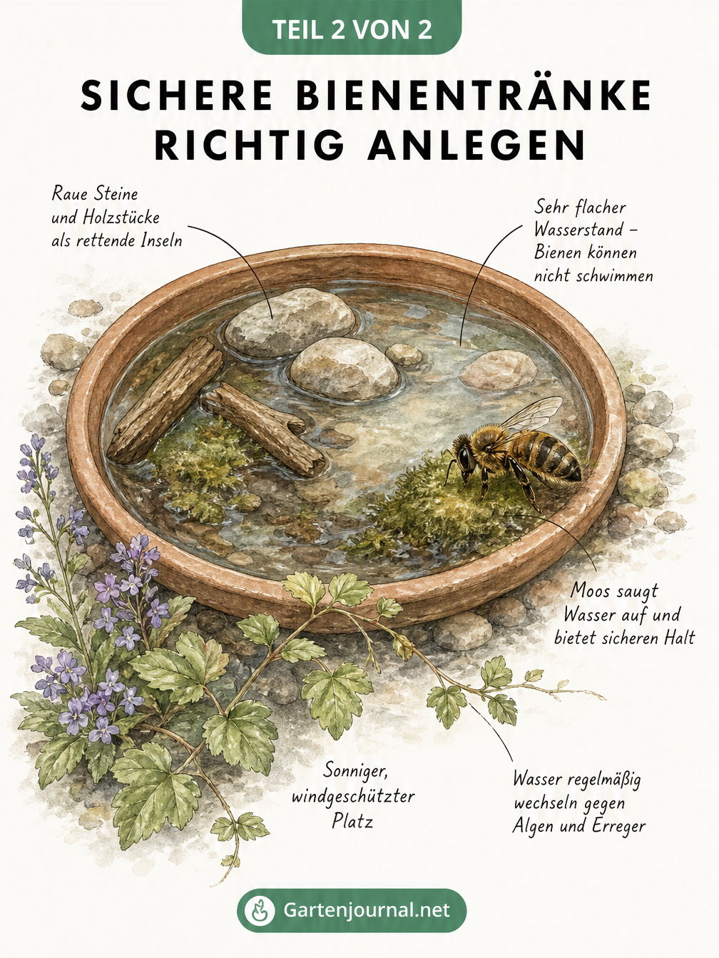 Aquarell-Illustration einer flachen Tonschale als Bienentränke mit Steinen, Moos und flachem Wasserstand.