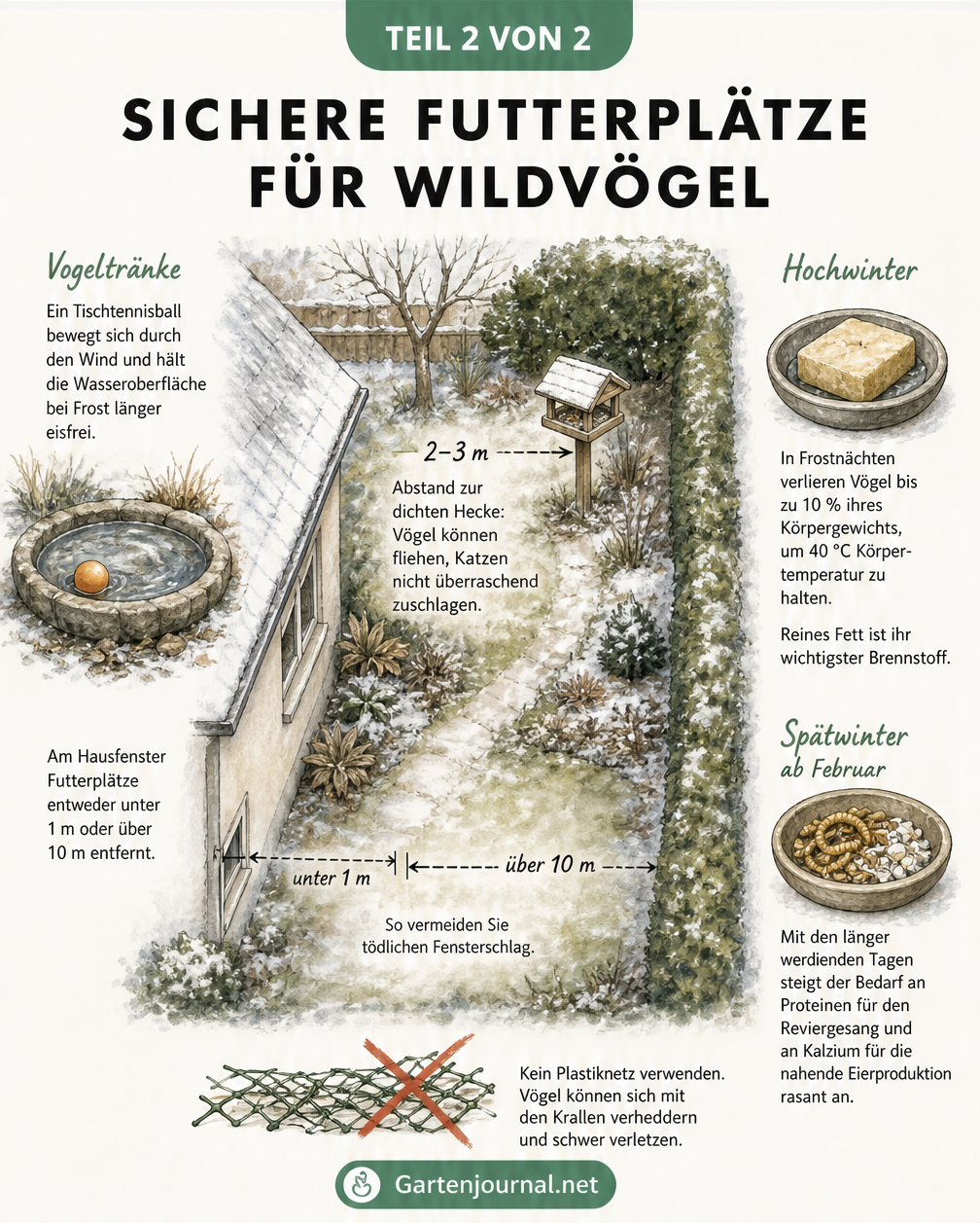Gartenplan aus der Vogelperspektive mit sicheren Abständen für Futterstellen und Details zu Vogeltränke und Winterfutter.