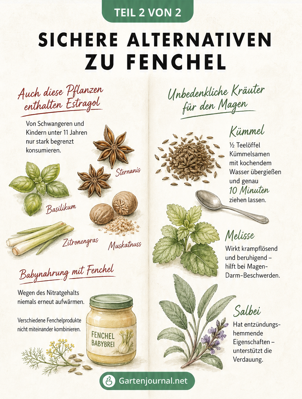 Illustrierter Kräuterratgeber mit estragolhaltigen Gewürzen wie Basilikum und sicheren Alternativen wie Kümmel, Melisse und Salbei