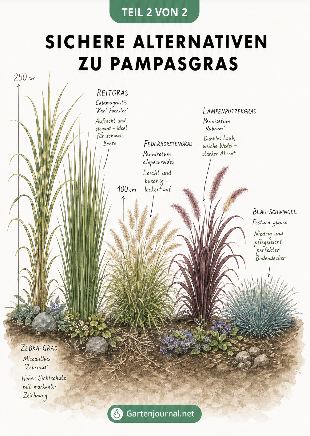 Querschnitt eines Gartenbeets mit fünf Ziergräsern: Zebra-Gras, Reitgras, Federborstengras, Lampenputzergras und Blau-Schwingel im Größenvergleich.