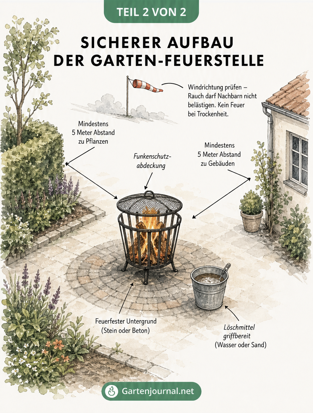 Skizze eines Feuerkorbs im Garten mit Maßlinien für Sicherheitsabstände zu Pflanzen und Gebäuden sowie Löschmitteln
