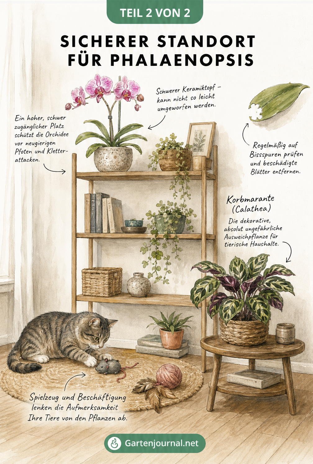 Skizze eines Raumes mit einer Phalaenopsis auf einem hohen Regal und einer Calathea als sichere Alternative auf einem Beistelltisch.