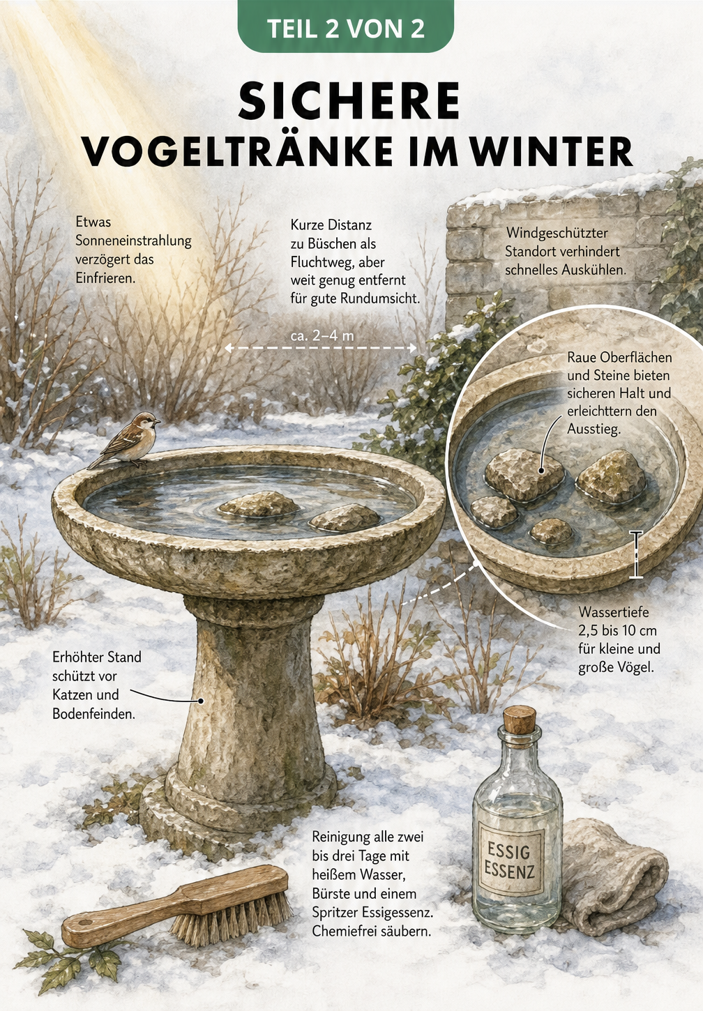 Sichere Vogeltränke im winterlichen Garten mit Maßangaben zu Abstand und Wassertiefe