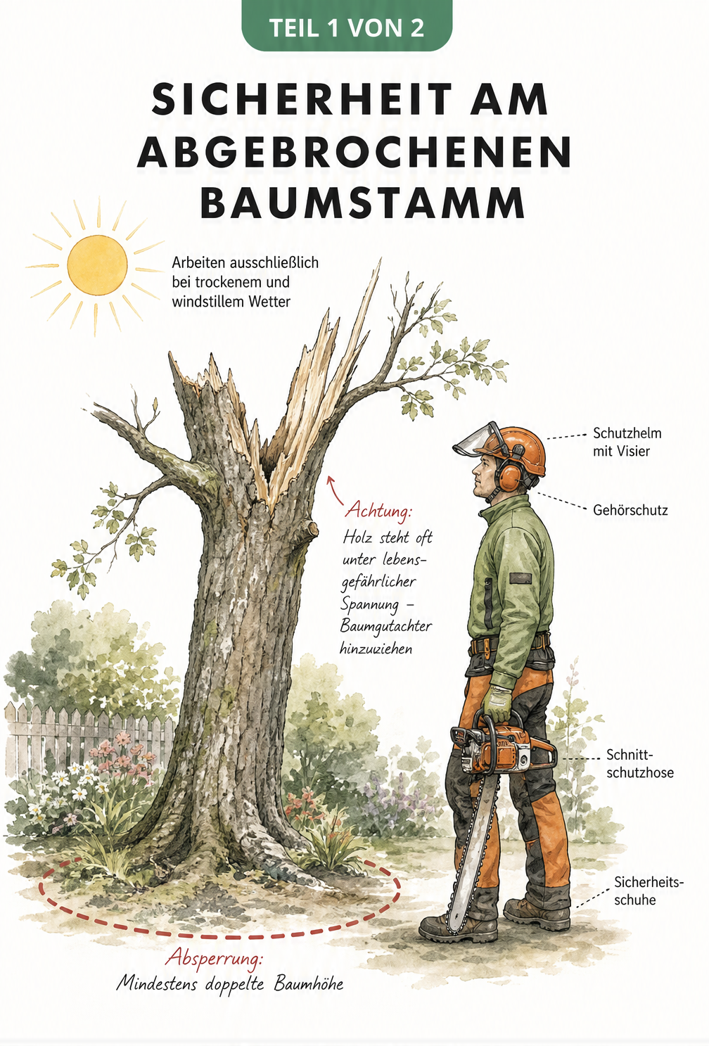 Illustration eines abgebrochenen Baumes mit Sicherheitsabsperrung und Schutzausrüstung für Forstarbeiten