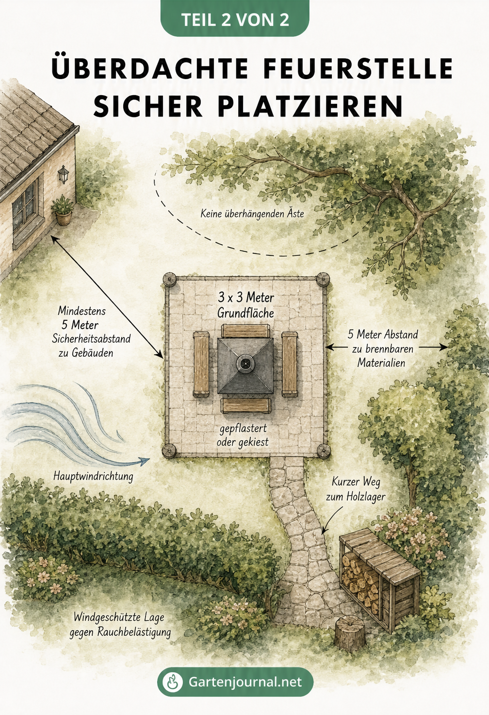 Gartenplan aus der Vogelperspektive zur sicheren Platzierung einer überdachten Feuerstelle mit Abständen zu Gebäuden und Bäumen