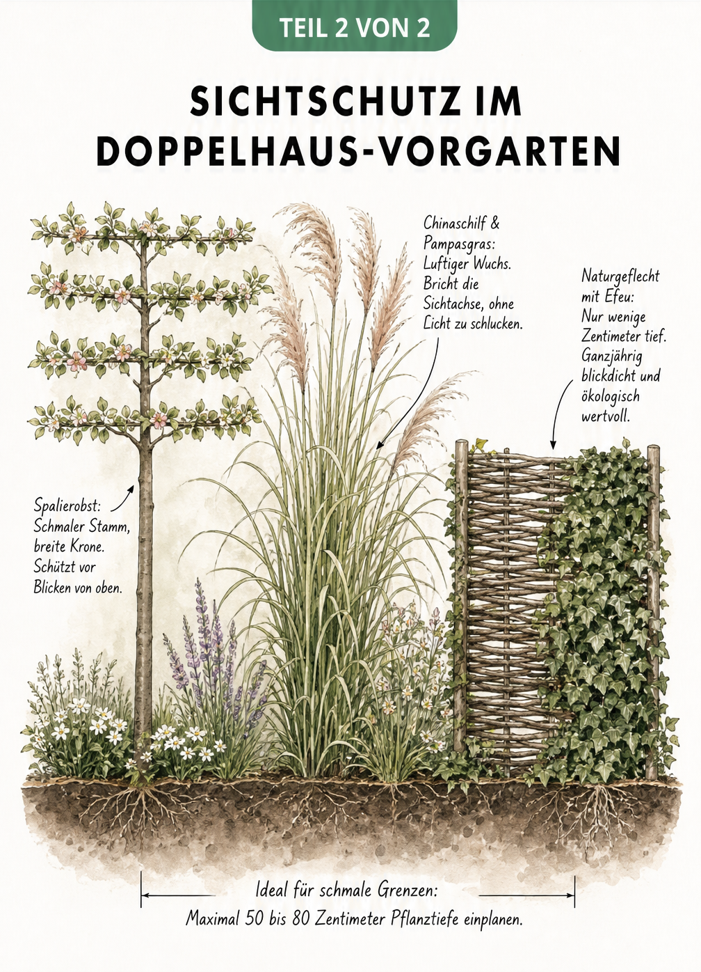 Botanische Schnittzeichnung von drei platzsparenden Sichtschutz-Lösungen: Spalierobst, hohes Ziergras und Naturgeflecht mit Efeu.