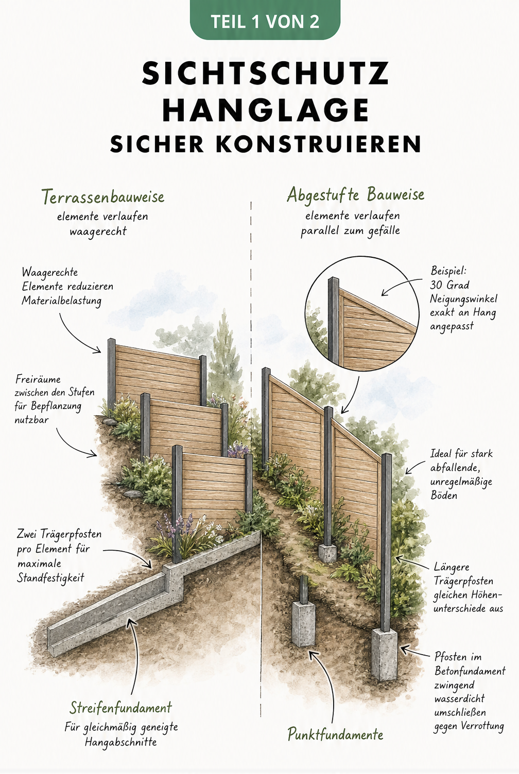 Querschnitt eines abfallenden Gartengrundstücks mit Terrassenbauweise und abgestufter Bauweise für Sichtschutz