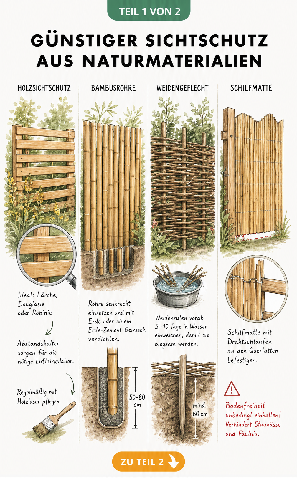 Handgezeichnete Skizzen-Tafel mit vier Segmenten: Holzsichtschutz, Bambusrohre, Weidengeflecht und Schilfmatte als natürliche Sichtschutz-Materialien.