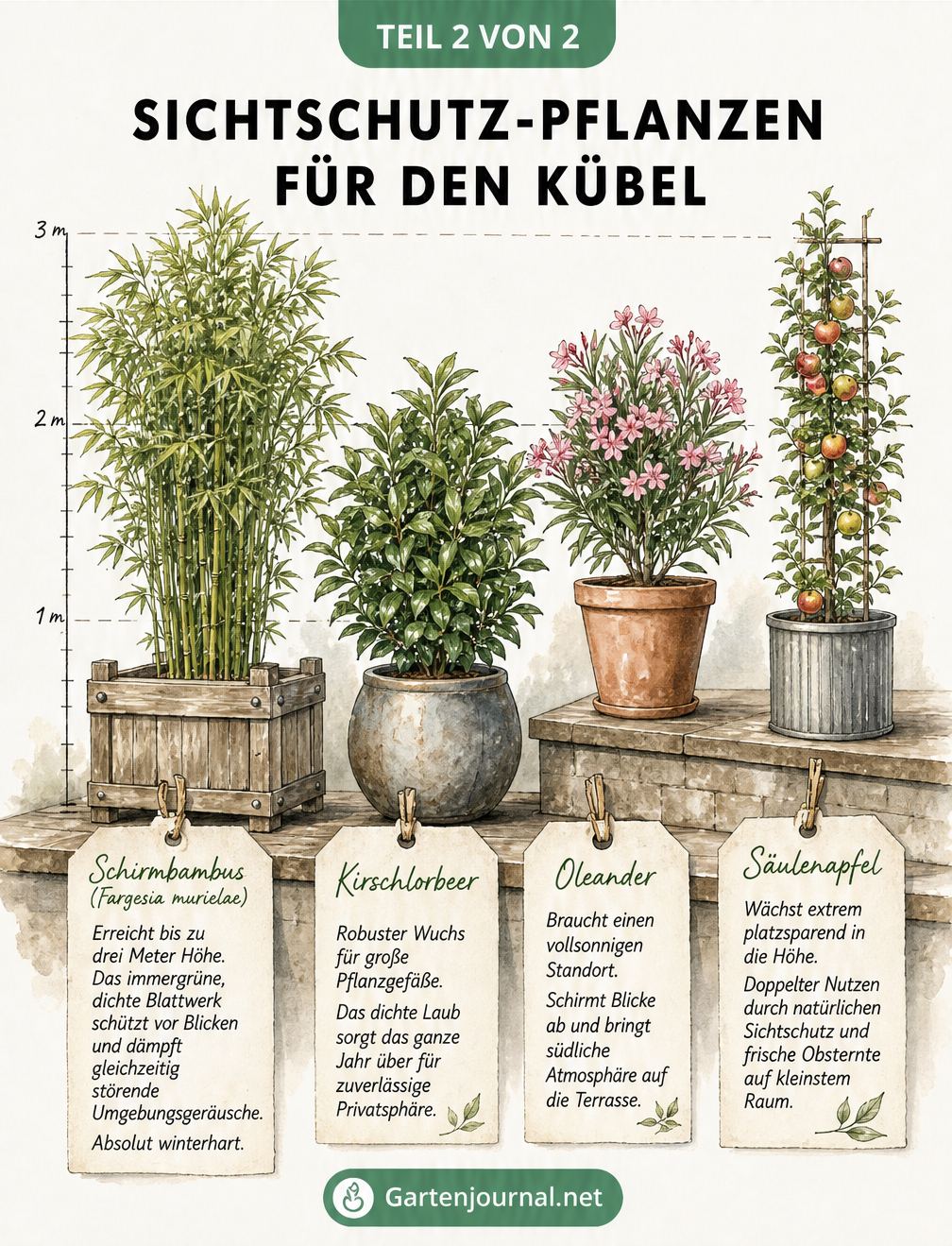 Illustration einer Terrasse mit Sichtschutz-Pflanzen im Kübel: Schirmbambus, Kirschlorbeer, Oleander und Säulenapfel