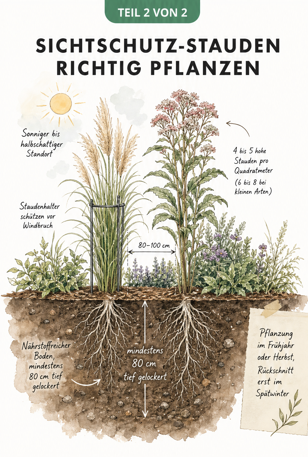 Querschnitt eines Gartenbeets, der die richtige Pflanzung und Pflege von Sichtschutz-Stauden zeigt