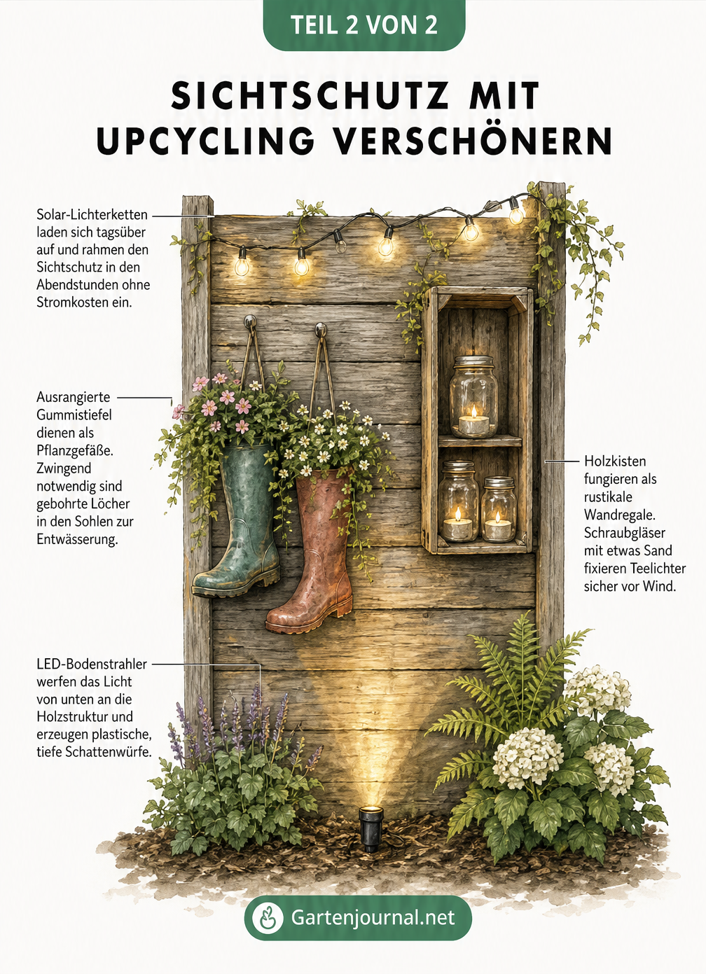 Skizze eines Holzsichtschutzes mit Solar-Lichterkette, bepflanzten Gummistiefeln, Holzkisten-Regal und LED-Bodenstrahler