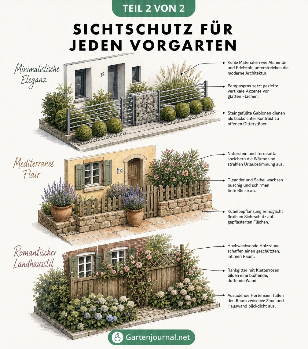 Isometrische Illustrationen von drei Vorgarten-Stilen: minimalistisch mit Edelstahl und Pampasgras, mediterran mit Naturstein und Oleander, romantisch mit...
