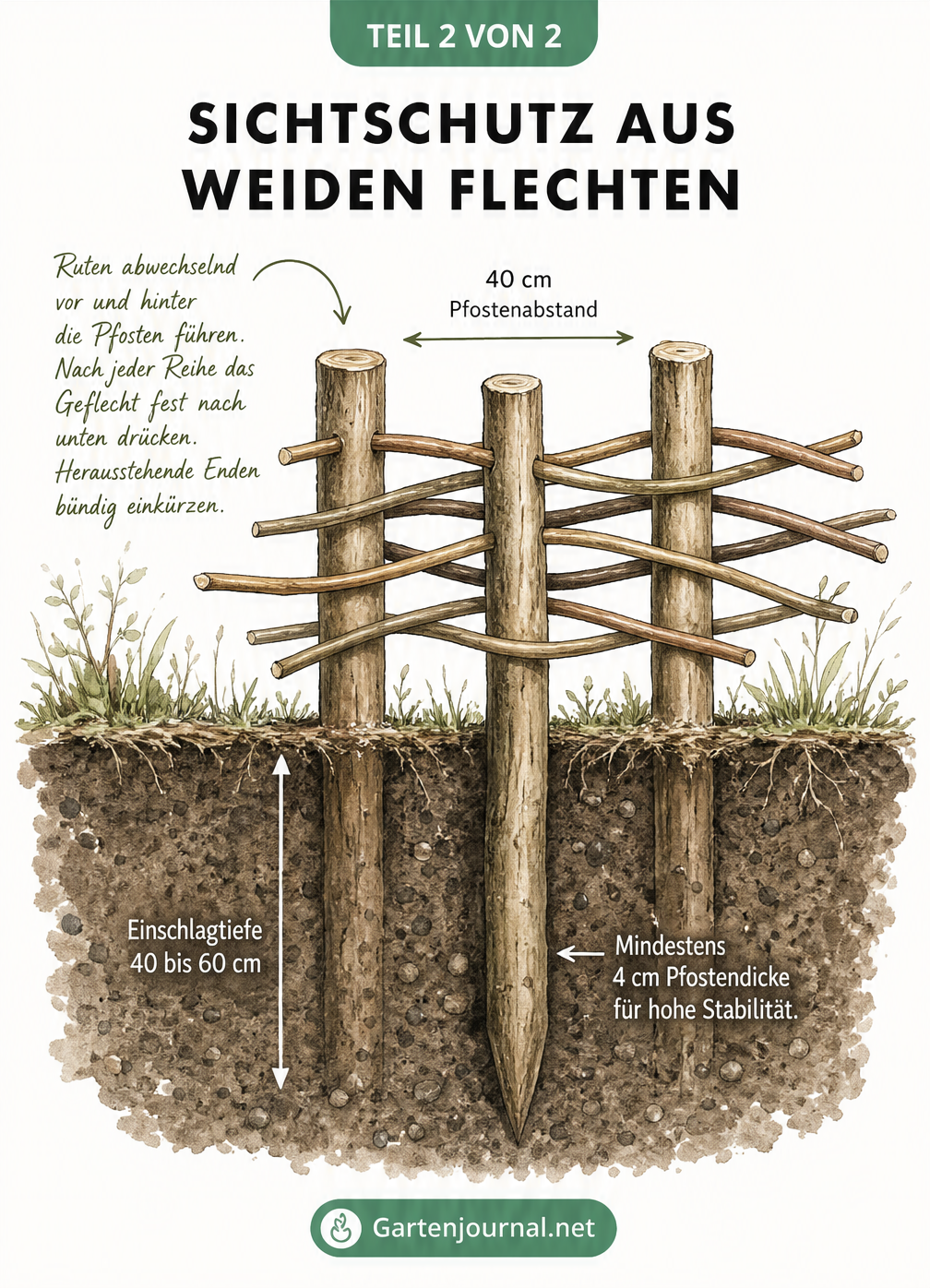Schnittansicht eines Weidenzauns im Bau: Holzpfosten sind 40 bis 60 cm tief in der Erde verankert, Weidenruten werden abwechselnd vor und hinter die Pfosten...