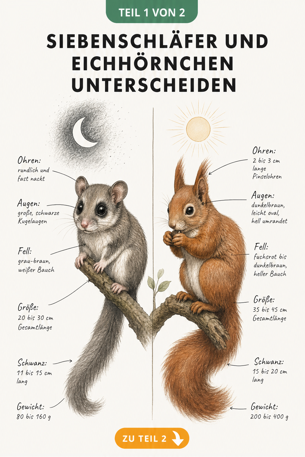 Zeichnung zur Unterscheidung von Siebenschläfer und Eichhörnchen mit Merkmalen wie Ohren, Augen, Fell, Größe und Schwanz