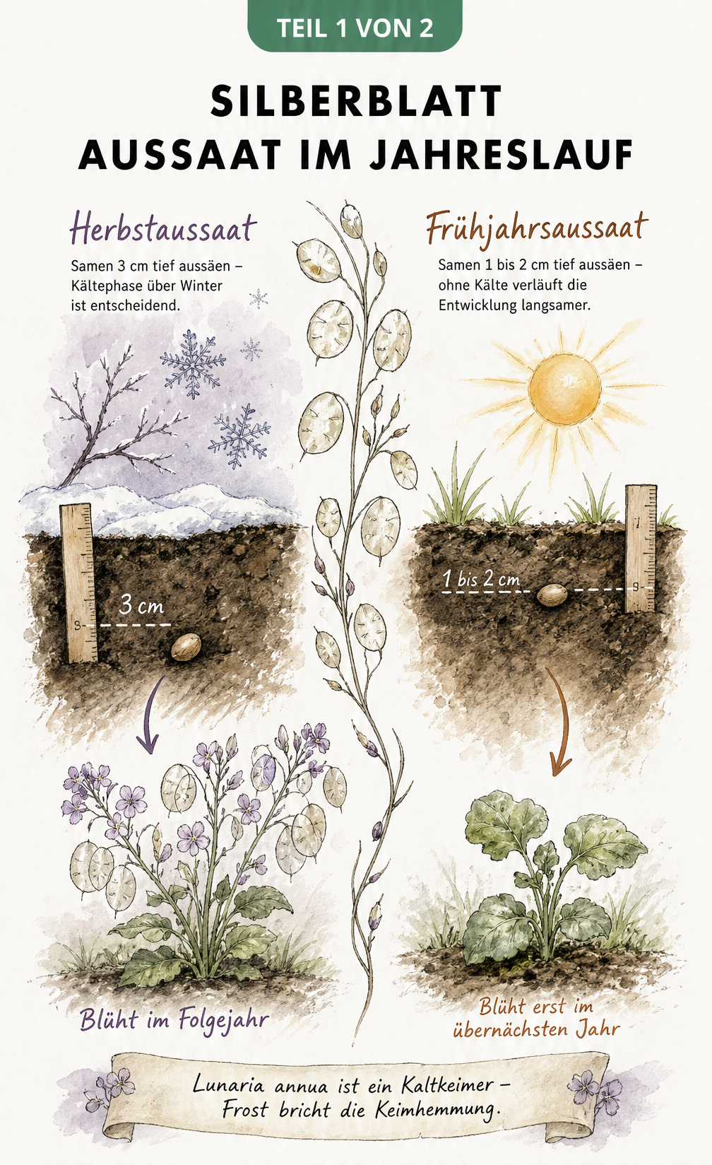 Botanische Illustration zur Silberblatt Aussaat im Herbst und Frühjahr mit Erdschnitt und Keimtiefe