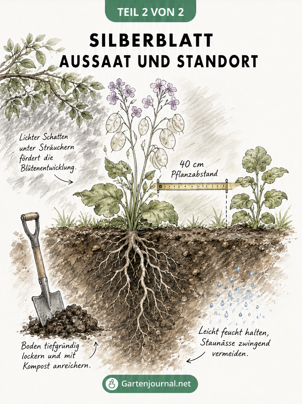 Gartenskizze zum idealen Standort und Pflanzabstand für das Silberblatt unter Sträuchern