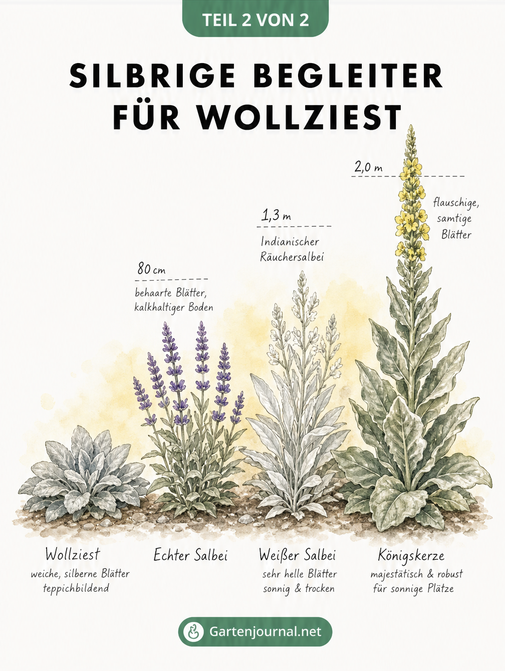 Höhenprofil-Skizze von Pflanzen mit silbrigem Laub: Wollziest, Echter Salbei, Weißer Salbei und Königskerze