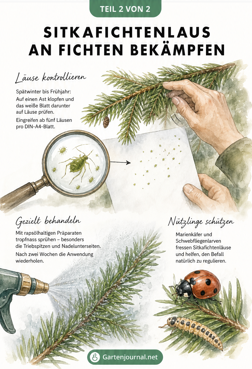 Aquarell-Illustration zur Diagnose und Bekämpfung der Sitkafichtenlaus an Fichtenzweigen