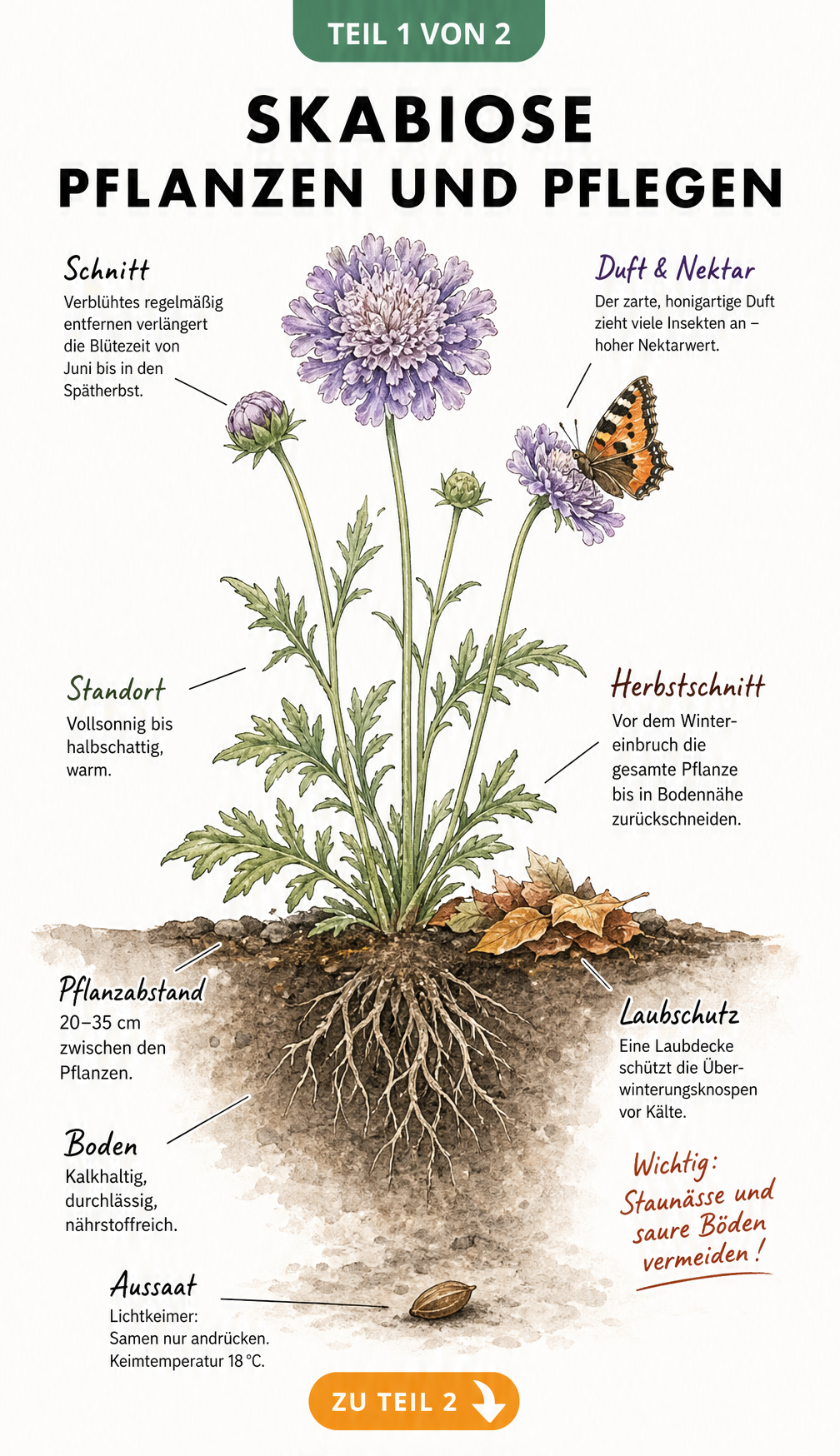 Botanische Illustration einer Skabiose mit Wurzelballen, Pflanzabstand und Pflegehinweisen