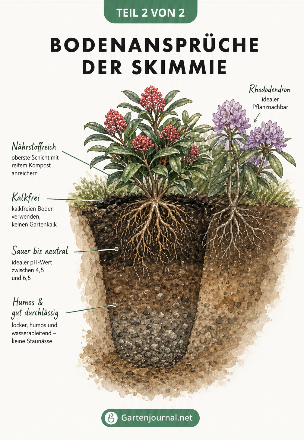Botanische Zeichnung eines Pflanzlochs mit einer Skimmie und den idealen Erdschichten