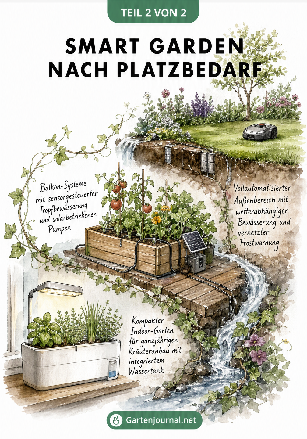 Illustration verschiedener Smart Garden Systeme nach Platzbedarf, von der Fensterbank bis zum Garten