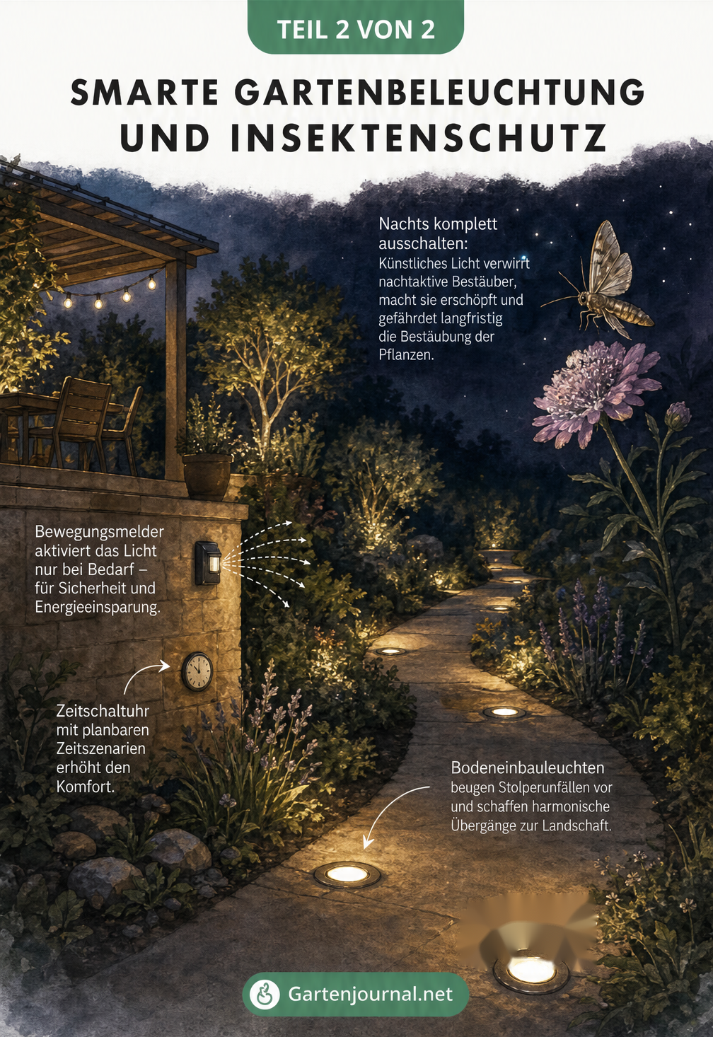 Illustration eines beleuchteten Gartenwegs mit Bewegungsmelder und einem dunklen Bereich für nachtaktive Insekten.