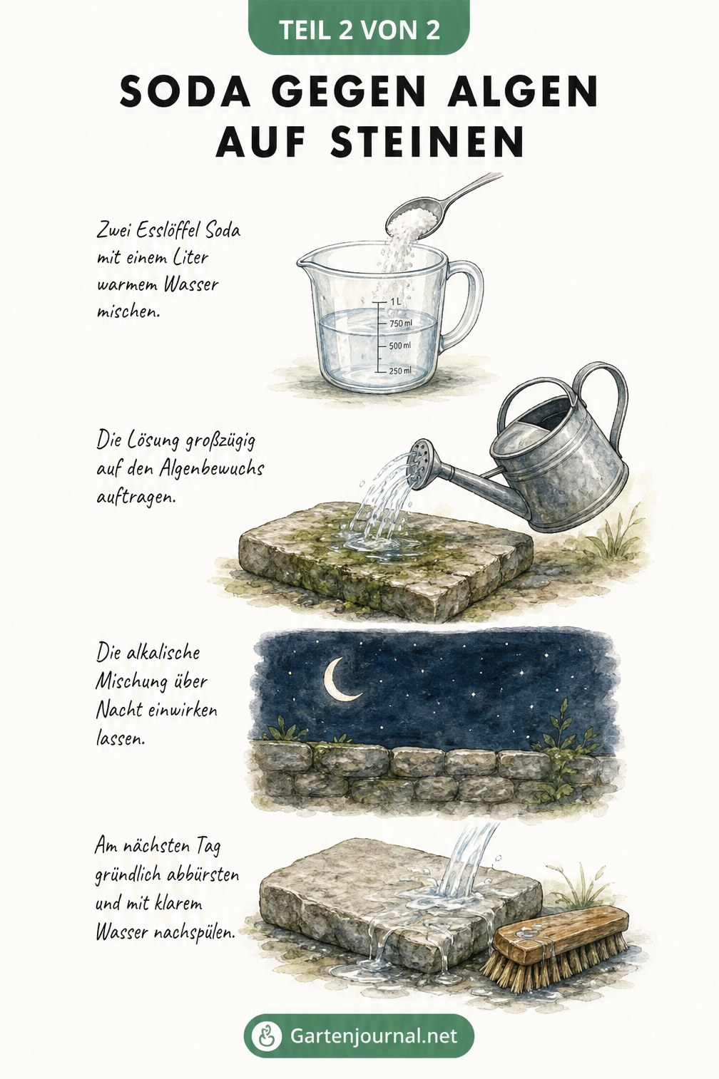 Aquarell-Illustration der Soda-Methode gegen Algen: Soda mit Wasser mischen, auf Steine gießen, über Nacht einwirken lassen und am nächsten Tag abbürsten.
