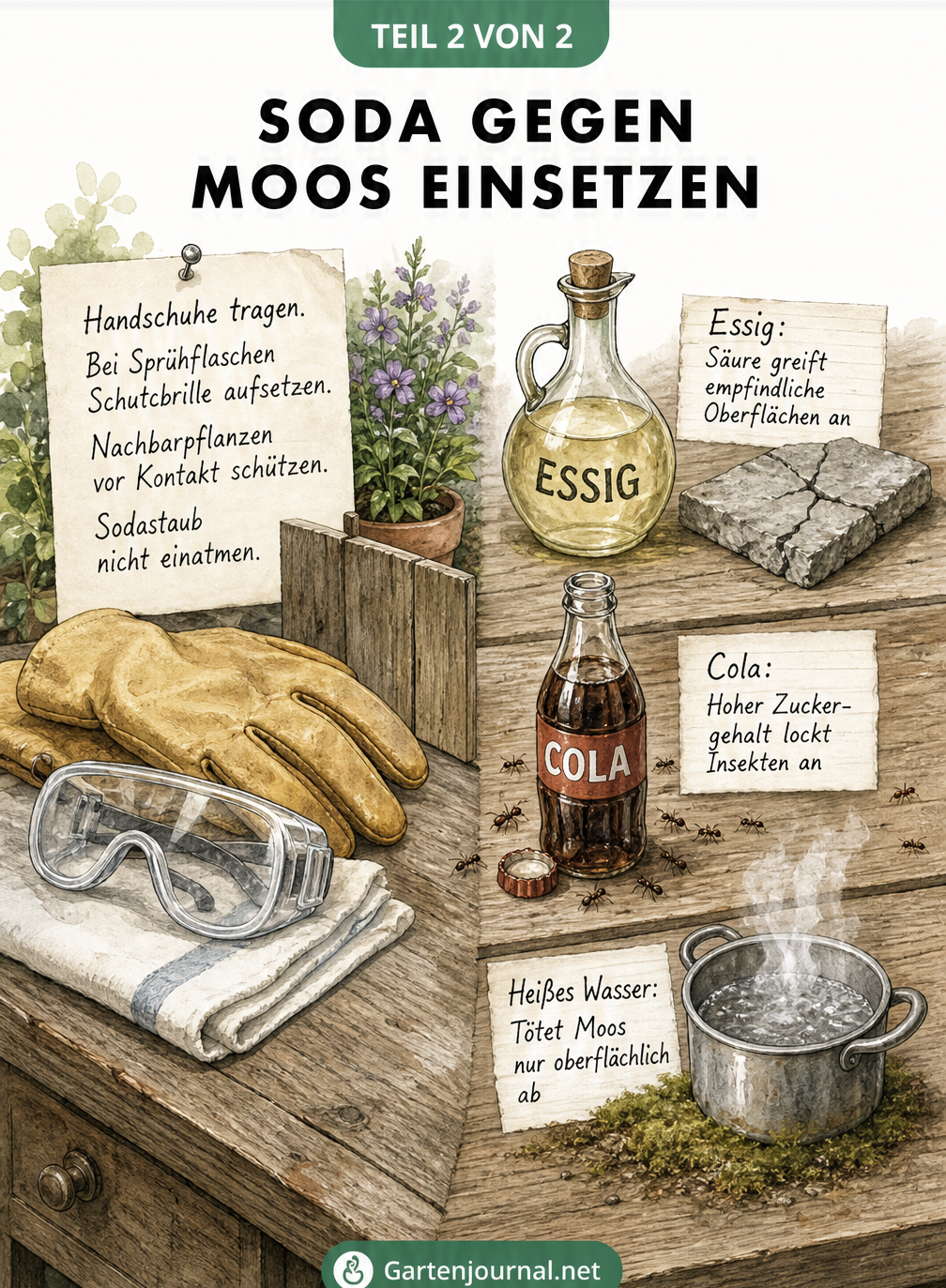 Illustration eines Pflanztisches mit Schutzkleidung für die Soda-Anwendung und alternativen Hausmitteln wie Essig, Cola und heißem Wasser.