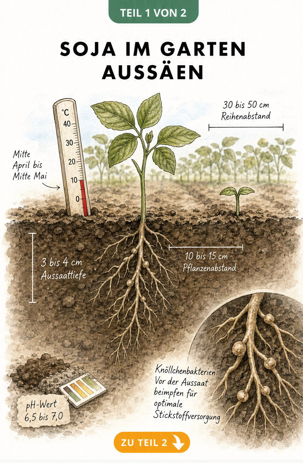 Botanische Illustration einer jungen Sojapflanze im Beet mit Bodenthermometer, Maßangaben zu Pflanzabstand und Aussaattiefe sowie Wurzeln mit...