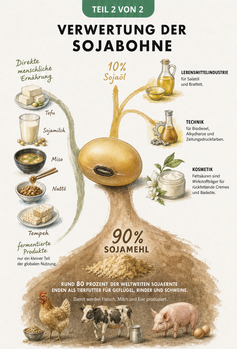 Infografik zur Verwertung der Sojabohne in Tierfutter, Lebensmittel, Technik und Kosmetik