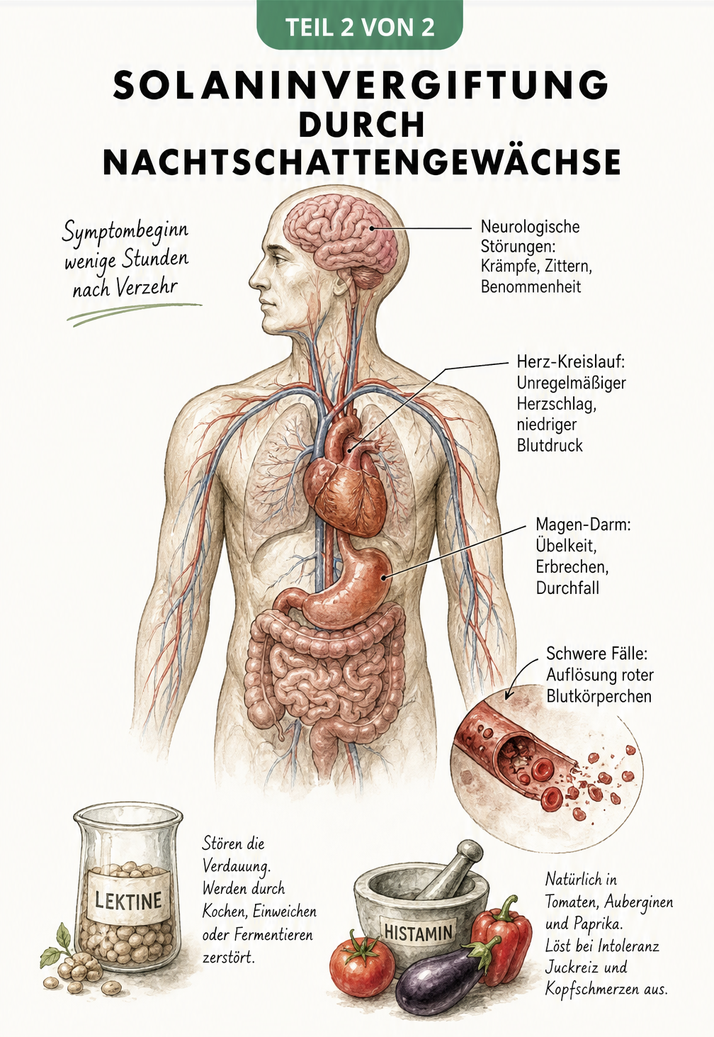 Anatomische Darstellung des menschlichen Oberkörpers mit Symptomen einer Solaninvergiftung an Gehirn, Herz und Magen-Darm-Trakt