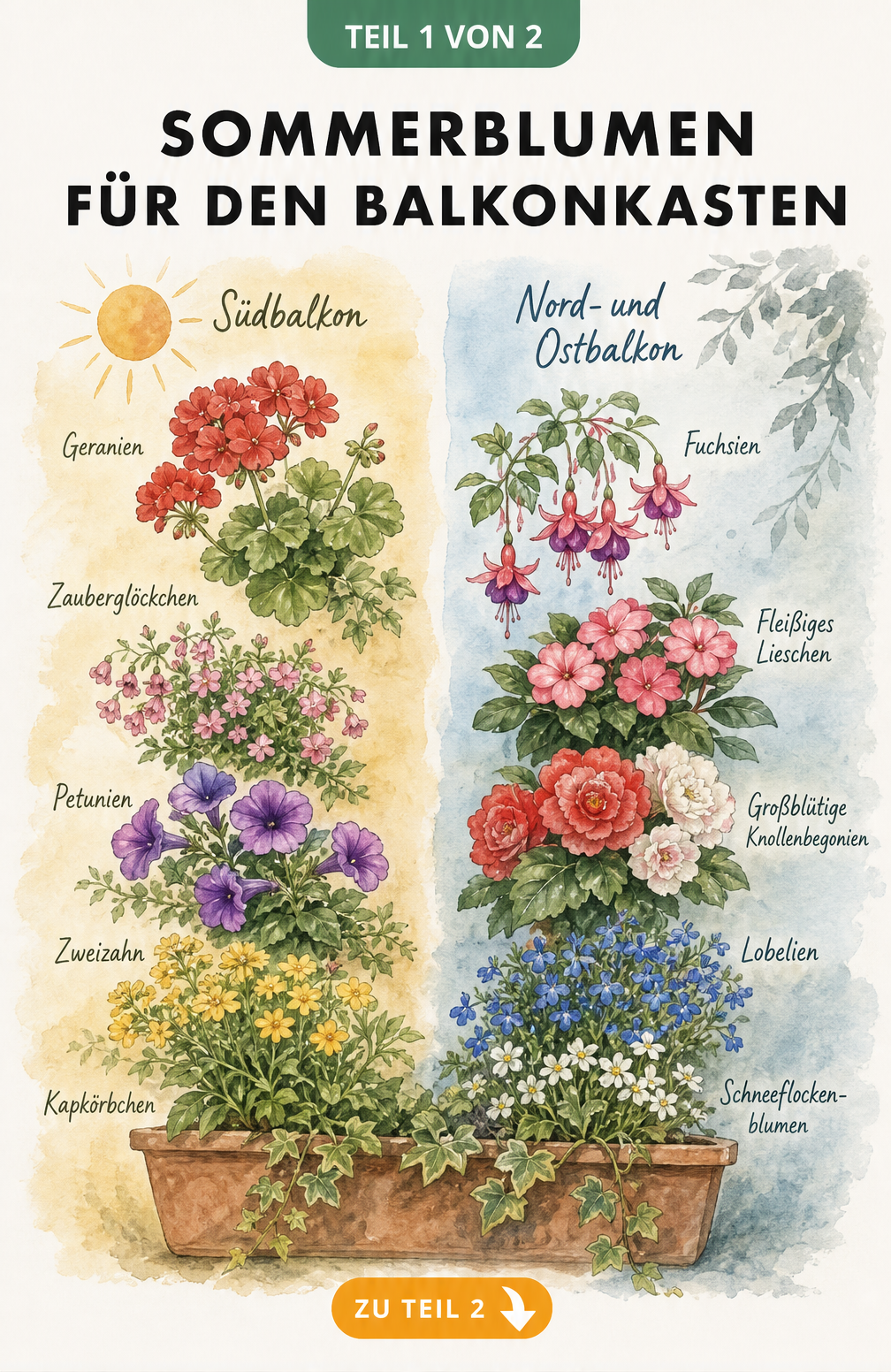 Aquarell-Illustration von Sommerblumen für den Südbalkon und Nordbalkon