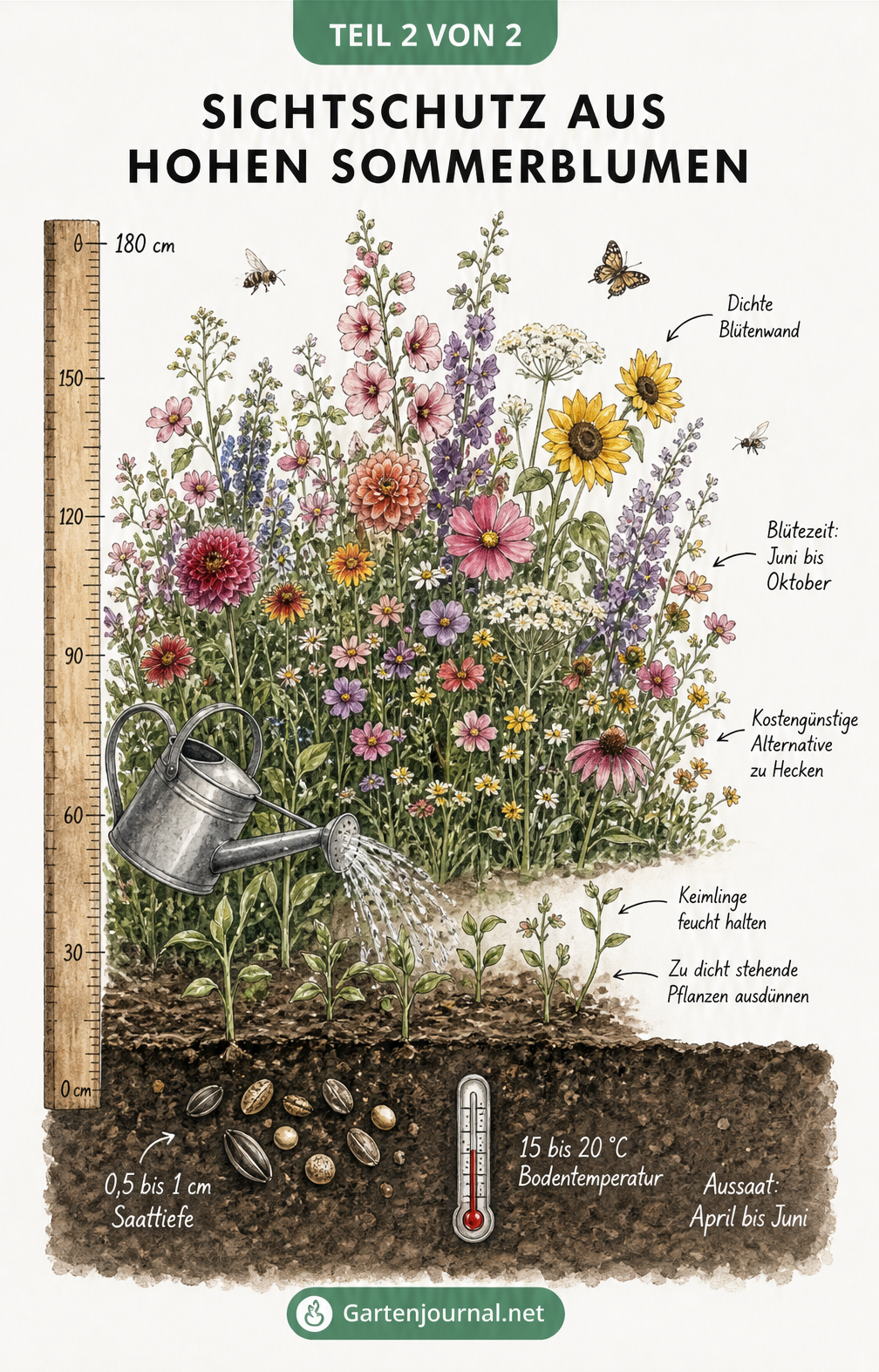 Querschnitt einer Blumenmischung als Sichtschutz von der Aussaat bis zur 180 cm hohen Blütenwand